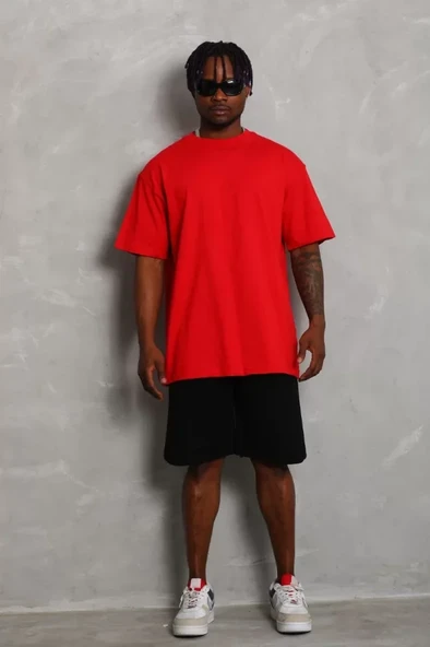Unisex Oversize Düz Bisiklet Yaka T-Shirt - Kırmızı ürün görseli 1