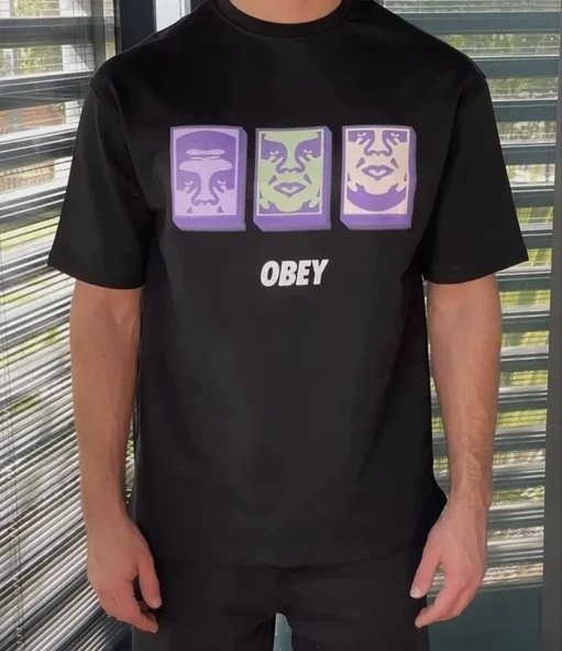 Unisex Bisiklet Yaka Baskılı Oversize T-Shirt - Siyah ürün görseli 1