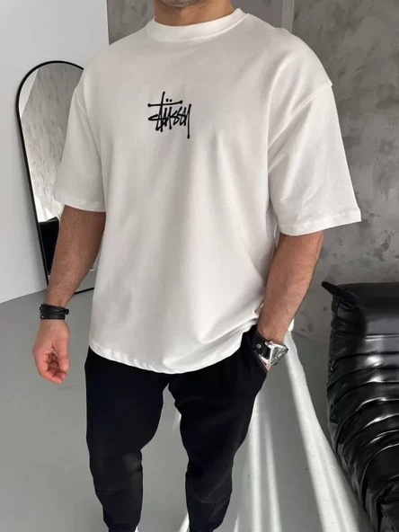 Unisex Bisiklet Yaka Baskılı Oversize T-Shirt - Beyaz ürün görseli 1