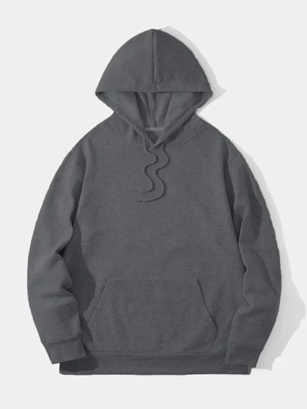 Erkek Düz Kapüşonlu Sweat - Füme - Resim 2