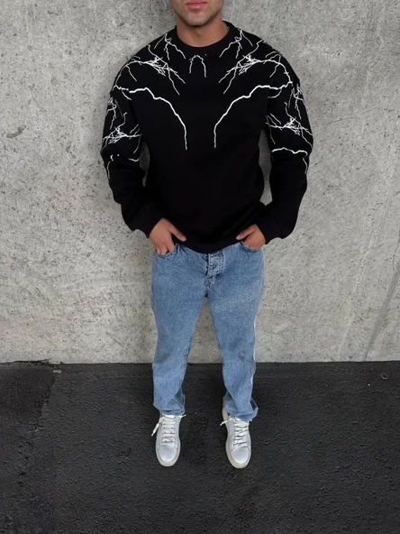 Yıldırım Baskılı Bisiklet Yaka SweatShirt - Siyah ürün görseli 1