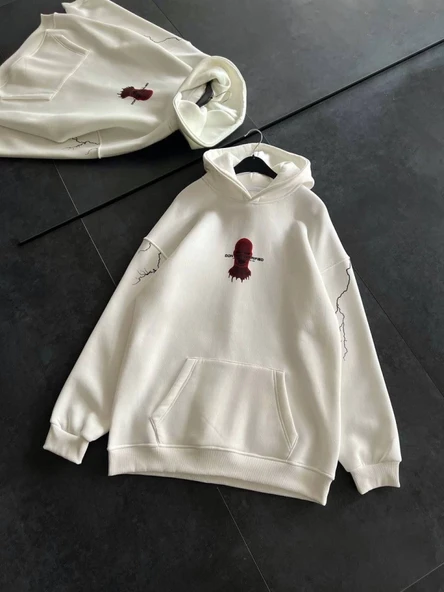 Üç İplik Kapşonlu Baskılı Oversize SweatShirt- Beyaz - Resim 3
