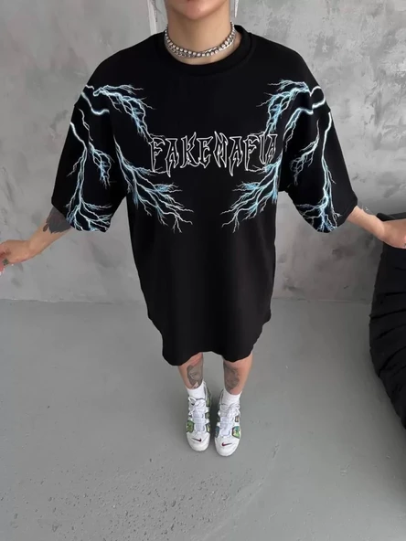 Unisex Bisiklet Yaka Baskılı Oversize T-Shirt - Siyah ürün görseli 1