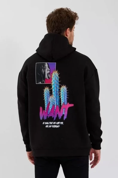 Erkek Baskılı Üç İplik Kapüşonlu Oversize Sweatshirt - Siyah ürün görseli 1