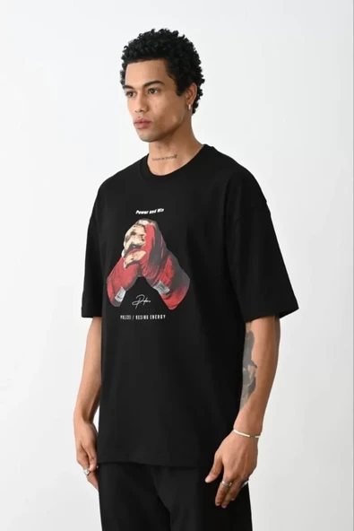 Unisex Baskılı Oversize T-Shirt - Siyah ürün görseli 1