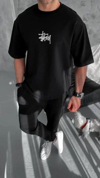 Unisex Bisiklet Yaka Baskılı Oversize T-Shirt - Siyah ürün görseli 1