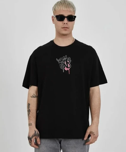 Unisex Bisiklet Yaka Baskılı Oversize T-Shirt - Siyah ürün görseli 1