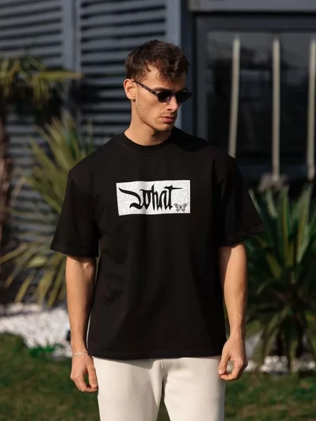 Unisex Bisiklet Yaka Baskılı Oversize T-Shirt - Siyah ürün görseli 1