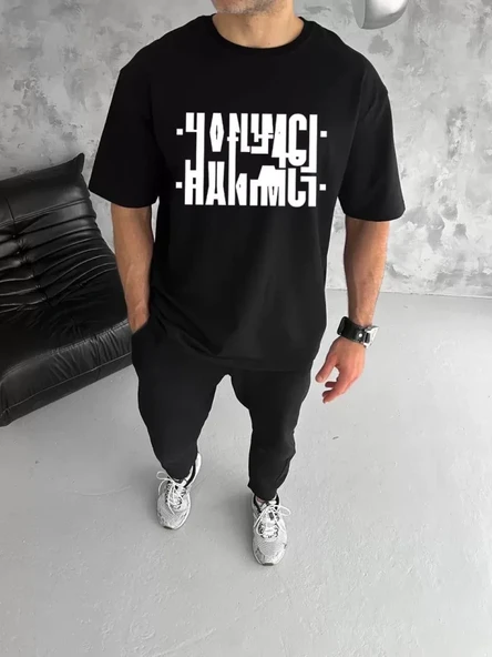 Unisex Bisiklet Yaka Katlanan Baskılı T-Shirt - Siyah ürün görseli 1