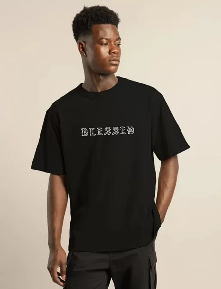 Unisex Bisiklet Yaka Oversize Baskılı T-Shirt - Siyah ürün görseli 1