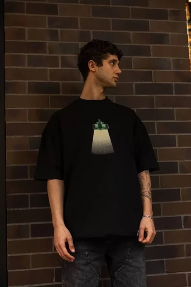 Unisex Bisiklet Yaka Baskılı Oversize T-Shirt - Siyah ürün görseli 1