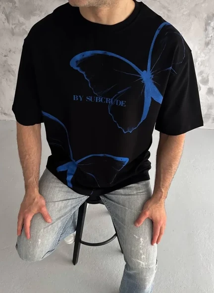 Unisex Bisiklet Yaka Baskılı Oversize T-Shirt - Siyah ürün görseli 1