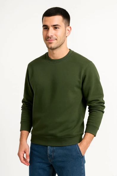 Erkek Üç İplik Düz Bisiklet Yaka SweatShirt - Haki ürün görseli 1