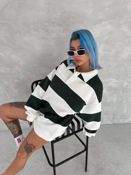 Unisex Üç İplik Parçalı Yakalı SweatShirt - Yeşil ürün görseli 1