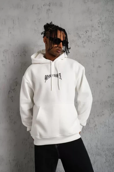 Erkek Kordon İpli Baskılı Kapüşonlu Sweatshirt - Beyaz ürün görseli 1