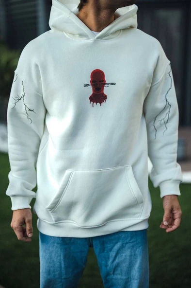 Üç İplik Kapşonlu Baskılı Oversize SweatShirt- Beyaz ürün görseli 1