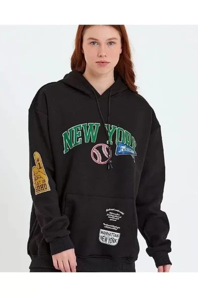 Baskılı Kapüşonlu Sweatshirt - Siyah ürün görseli 1
