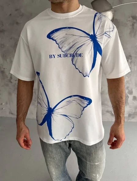 Unisex Bisiklet Yaka Baskılı Oversize T-Shirt - Beyaz ürün görseli 1
