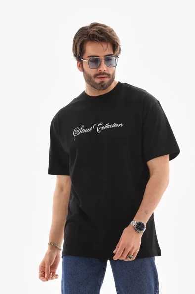 Unisex Bisiklet Yaka Baskılı Oversize T-Shirt - Siyah ürün görseli 1