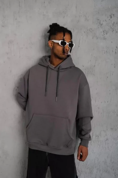 Erkek Düz Kapüşonlu Sweat - Gri ürün görseli 1