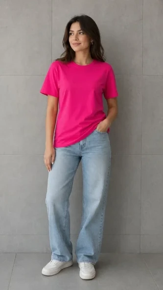 Basic Pamuklu Tişört Bisiklet Yaka Düz Renk Relaxed Fit T-Shirt - Fuşya ürün görseli 1