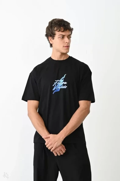 Unisex Bisiklet Yaka Baskılı Oversize T-Shirt - Siyah ürün görseli 1