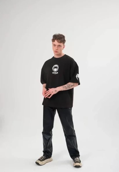 Unisex Bisiklet Yaka Baskılı Oversize T-Shirt - Siyah ürün görseli 1