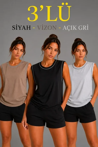 3’lü Kolsuz Sporcu Atlet Seti Yazlık Bisiklet Yaka - Siyah, Kahverengi, Gri ürün görseli 1