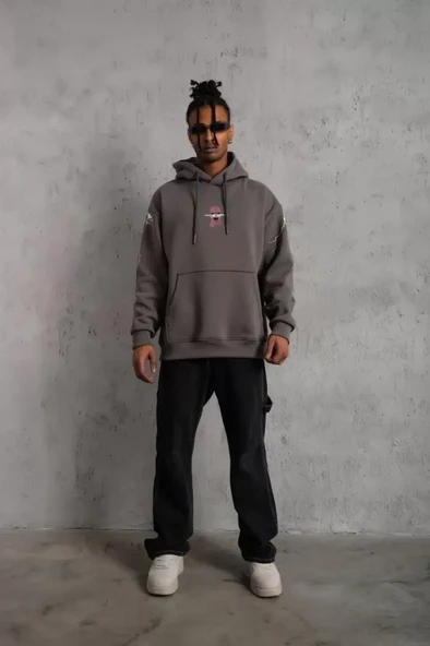 Erkek Maske Baskılı Kapüşonlu Sweat - Gri - Resim 4
