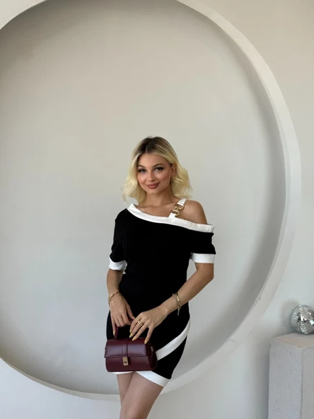 Kadın Kısa Kollu Asimetrik Kesim Yaka şerit Ve Aksesuar Detaylı Modal Elbise ürün görseli 1