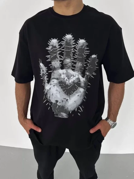 Unisex Bisiklet Yaka Baskılı Oversize T-Shirt - Siyah - Resim 2