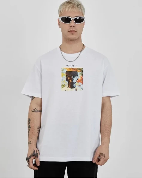 Unisex Bisiklet Yaka Baskılı Oversize T-Shirt - Beyaz ürün görseli 1