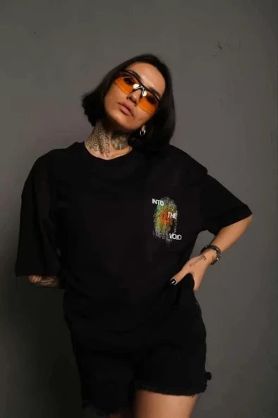 Unisex Bisiklet Yaka Baskılı Oversize T-Shirt - Siyah ürün görseli 1