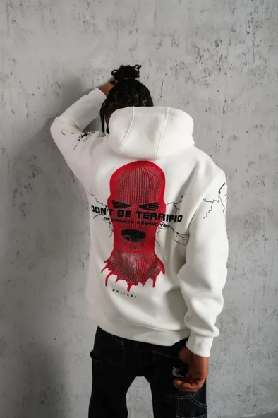 Erkek Maske Baskılı Kapüşonlu Sweat - Beyaz - Resim 4