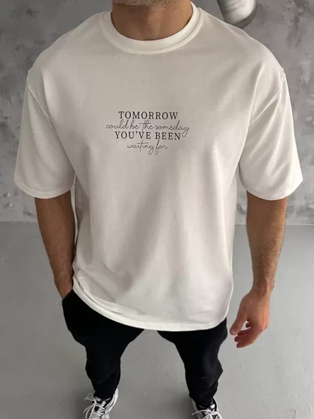 Unisex Bisiklet Yaka Baskılı Oversize T-Shirt - Beyaz ürün görseli 1