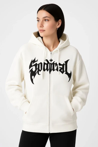 Oversize Kapüşonlu Sweatshirt Hoodie 3 İplik Şardonlu Pamuklu Kumaş, Önü Baskılı, Fermuarlı Rahat Kalıp, Kışlık Ve Sokak Stili Sweat - Beyaz ürün görseli 1