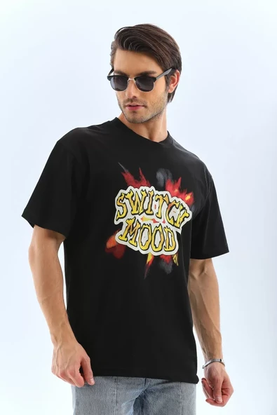 Unisex Oversize Baskılı Bisiklet Yaka T-Shirt - Siyah ürün görseli 1