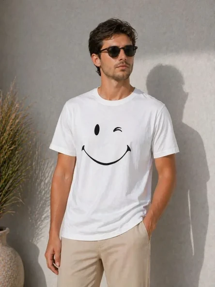 Erkek Minimal Gülümseyen Yüz Baskılı Tişört Kısa Kol Yazlık T-Shirt - Beyaz ürün görseli 1