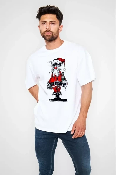 Unisex Bisiklet Yaka Baskılı Oversize T-Shirt - Beyaz ürün görseli 1