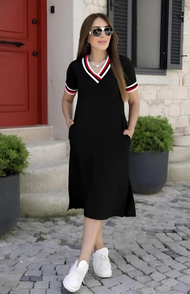 Kadın Kısa Kollu V Yaka Ribana Detay Midiboy Viskon Elbise ürün görseli 1