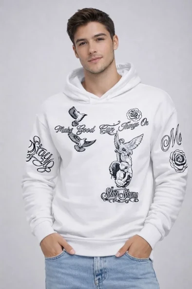 Erkek 3 İplik Pamuklu Kapüşonlu Baskılı SweatShirt Hoodie - Beyaz ürün görseli 1