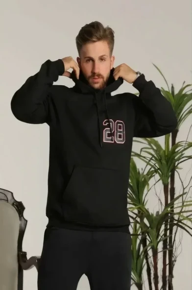 Unisex Kapşonlu Baskılı Sweetshirt - Siyah - Resim 2