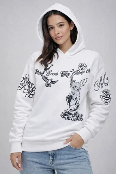 3 İplik Pamuklu Kapüşonlu Baskılı SweatShirt Hoodie - Beyaz ürün görseli 1