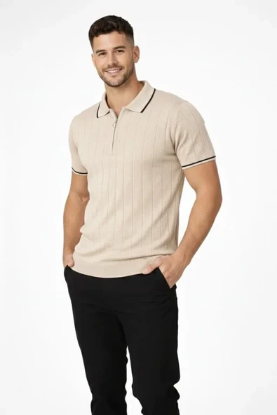 Erkek Fermuarlı Yaka Fitilli Triko Kısa Kollu Regular Fit Tişört T-shirt - Bej ürün görseli 1