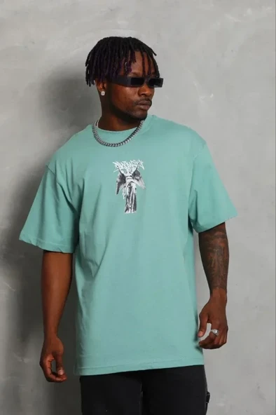 Erkek Baskılı T-Shirt Kısa Kol Bisiklet Yaka Regular Fit Rahat Kalıp Günlük Tişört - Mint Yeşili ürün görseli 1