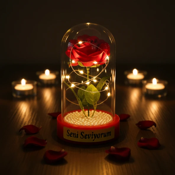İncili Ledli Gül Fanus - Resim 4