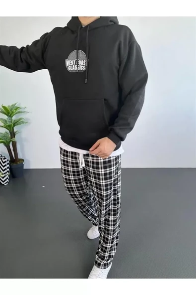 Erkek Sırt Baskılı Kapüşonlu Üç İplik Oversize Sweatshirt - Siyah ürün görseli 1