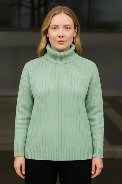Balıkcı Yaka Bağazlı Triko Kazak Pamuklu Kalın Fitilli Dokuma - Mint Yeşili ürün görseli 1