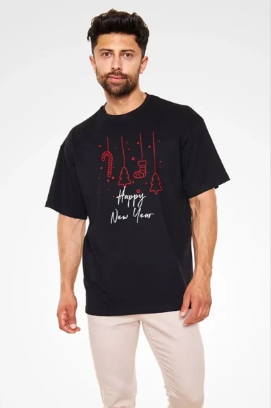 Unisex Bisiklet Yaka Baskılı Oversize T-Shirt - Siyah ürün görseli 1