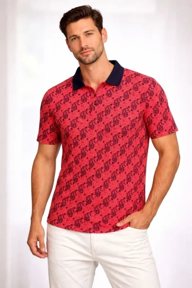 Erkek Pike Kumaş Polo Yaka Palmiye Desenli Tişört Kısa Kol Yazlık T-Shirt - Kırmızı ürün görseli 1